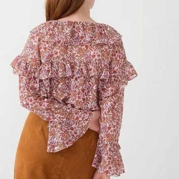 J.Crew Floral Ruffle Chiffon Peasant Blouse Boho Fairy Bell Sleeve XS - Picture 2 of 7
